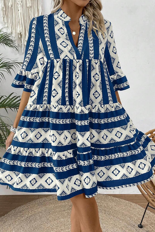 Blue Geometric Print V Neck Ruffled Dress