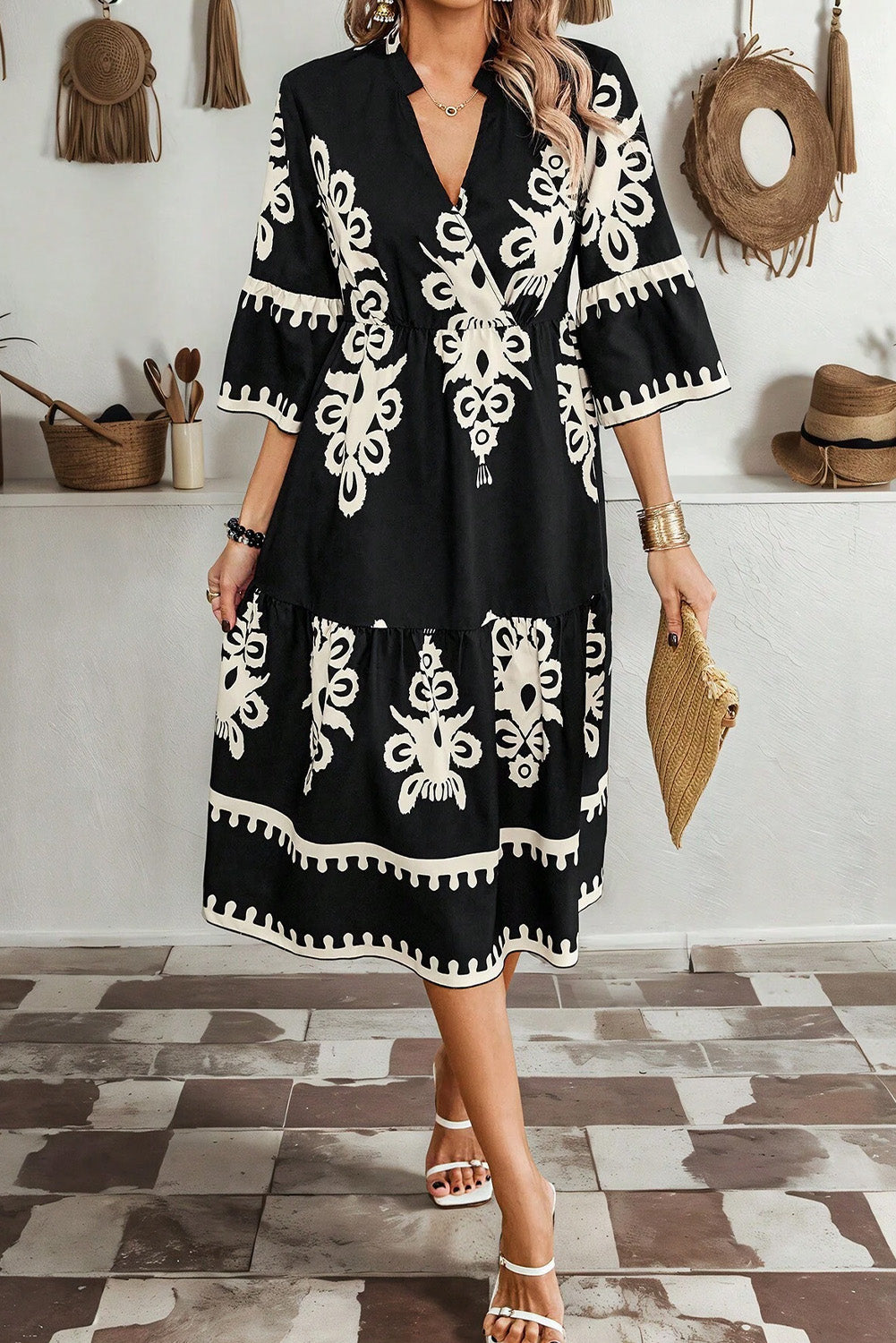 Beige Western Geometric Print 3/4 Sleeve Loose Midi Dress