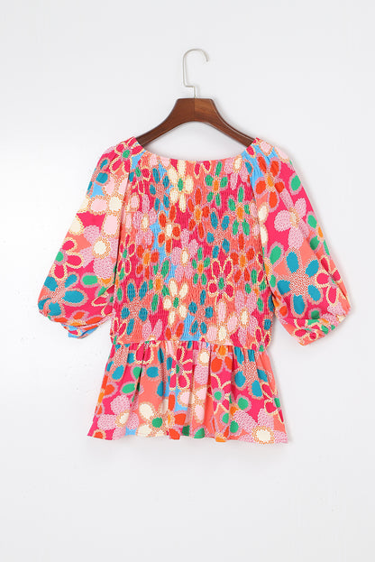 Pink Abstract Print Puff Sleeve Peplum Top