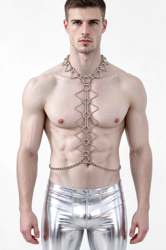 Rave Man Body Stainless Steel Chain Harness, Geometric Industrial Rave Festival Fashion Chain Harness