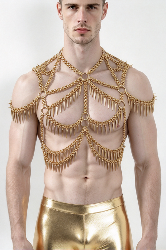 Burning Man Punk Spike Fringe Metal Rave Body Gold Chest Chain Harness Festival Wear