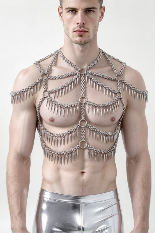 Man Body Chain Harness,Spike Fringe Metal Bodychain Harness,Punk Chest Harness Chain