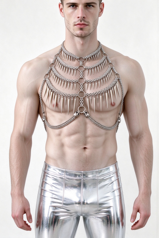 Men Vertebrae Body Chain Harness, Rave Punk Skull Metal Bodychain Chest Chain Harness