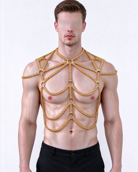 Rave Man Gold Body Chain Harness, Punk Burning Man Stainless Steel Body Chain Harness