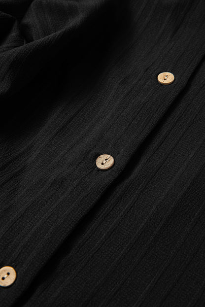 Black Solid Color Textured Buttoned Turn Down Collar Shirt