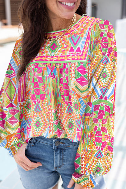 Orange Geometric Print Long Sleeve Keyhole Back Blouse Top of Women