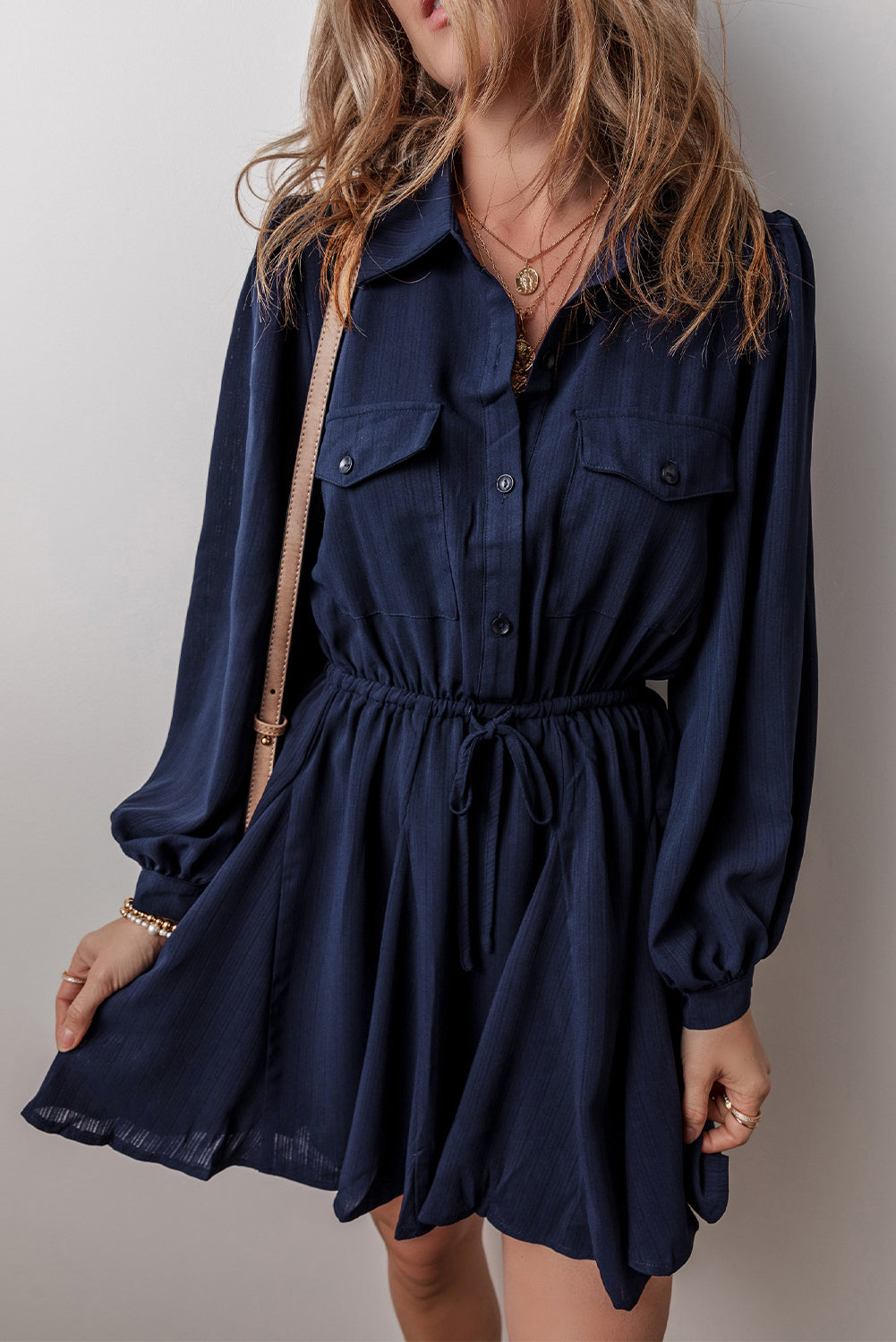 Navy Blue Solid Chest Pockets Tunic Shirt Mini Dress for Women