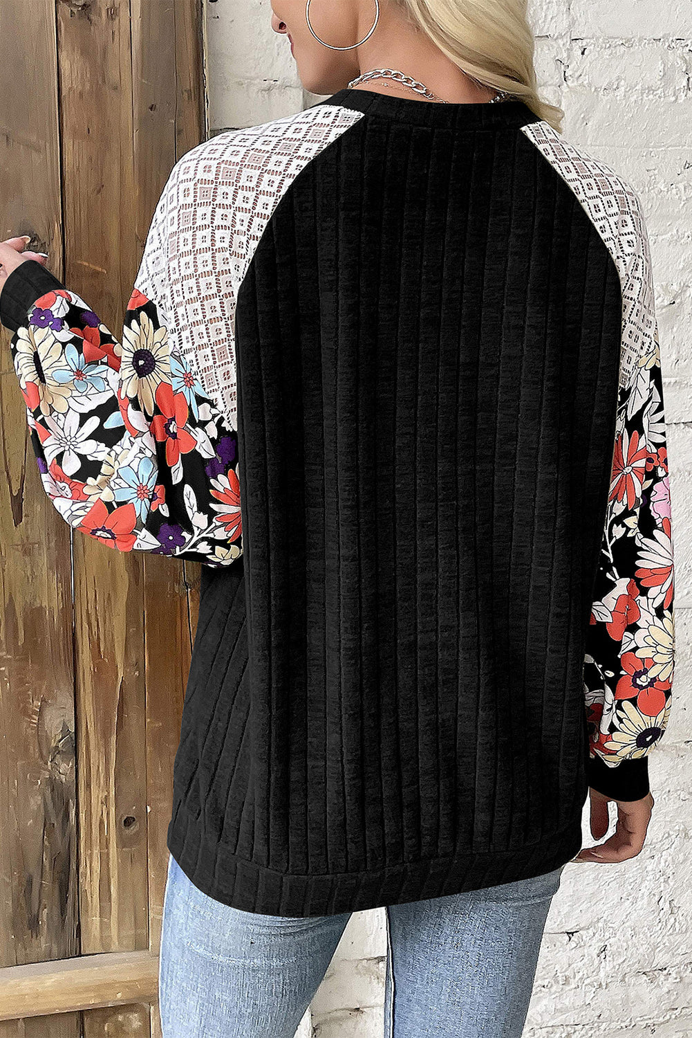 Black Floral Patchwork Long Sleeve Ribbed Blouse Top of Women