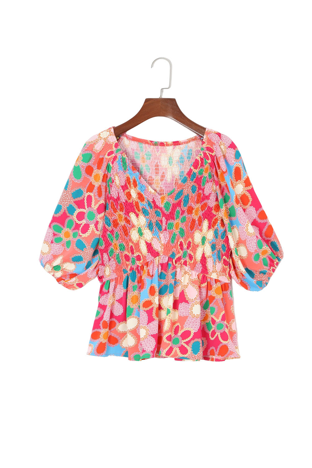 Pink Abstract Print Puff Sleeve Peplum Top