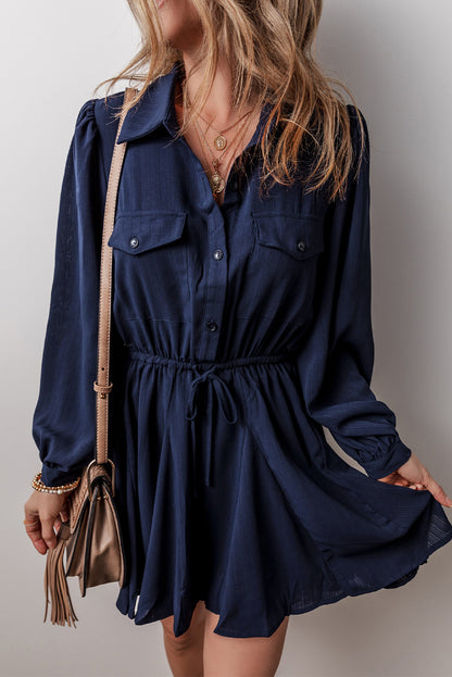 Navy Blue Solid Chest Pockets Tunic Shirt Mini Dress for Women