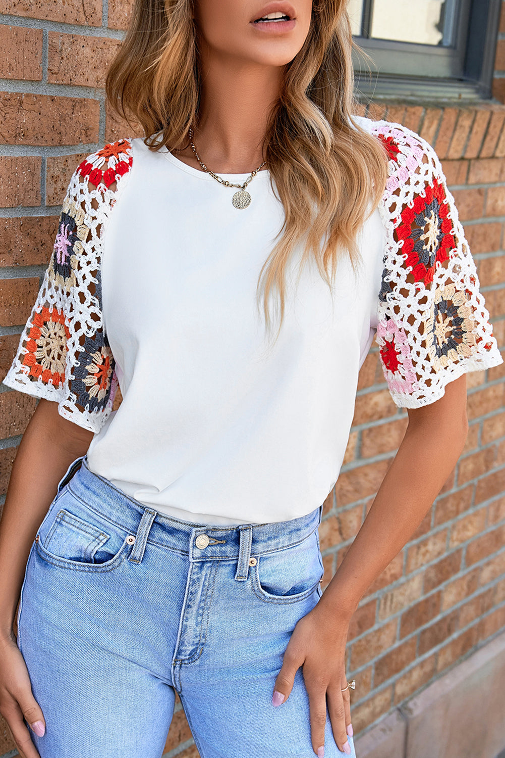 Medium Grey Floral Crochet Short Sleeve Top Tee T-shirt