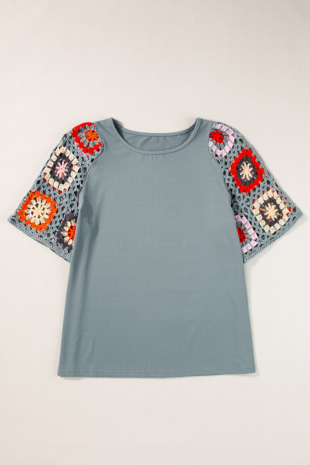 Medium Grey Floral Crochet Short Sleeve Top Tee T-shirt