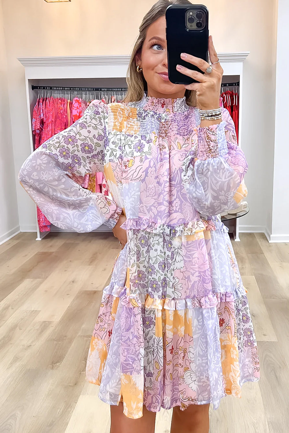 Multicolour Floral Smocked Mock Neck Ruffled Tiered Bubble Sleeve Dress for Women