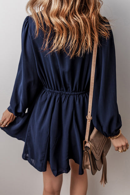 Navy Blue Solid Chest Pockets Tunic Shirt Mini Dress for Women