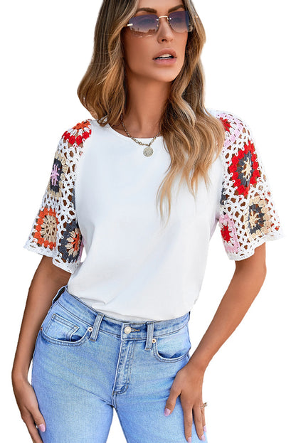 Medium Grey Floral Crochet Short Sleeve Top Tee T-shirt