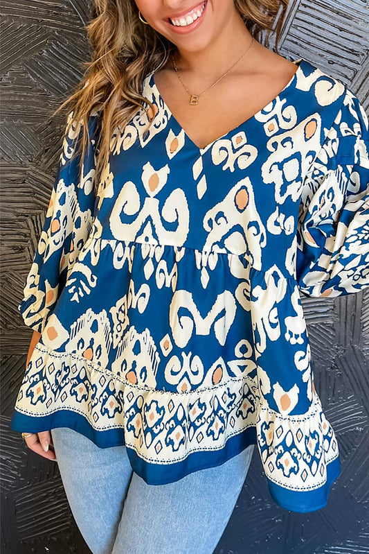 Blue Tribal Geometric Print 3/4 Sleeve Flowy Fit Blouse Top of Women