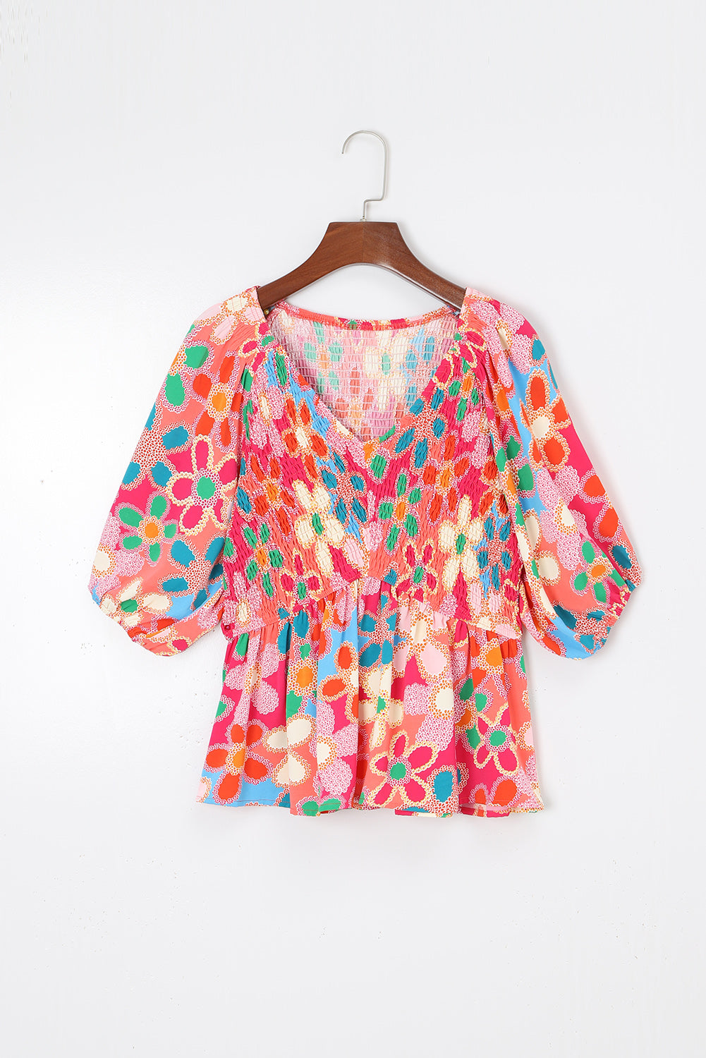 Pink Abstract Print Puff Sleeve Peplum Top