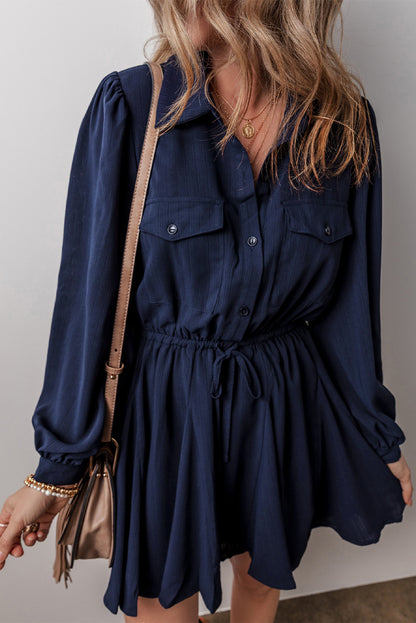 Navy Blue Solid Chest Pockets Tunic Shirt Mini Dress for Women