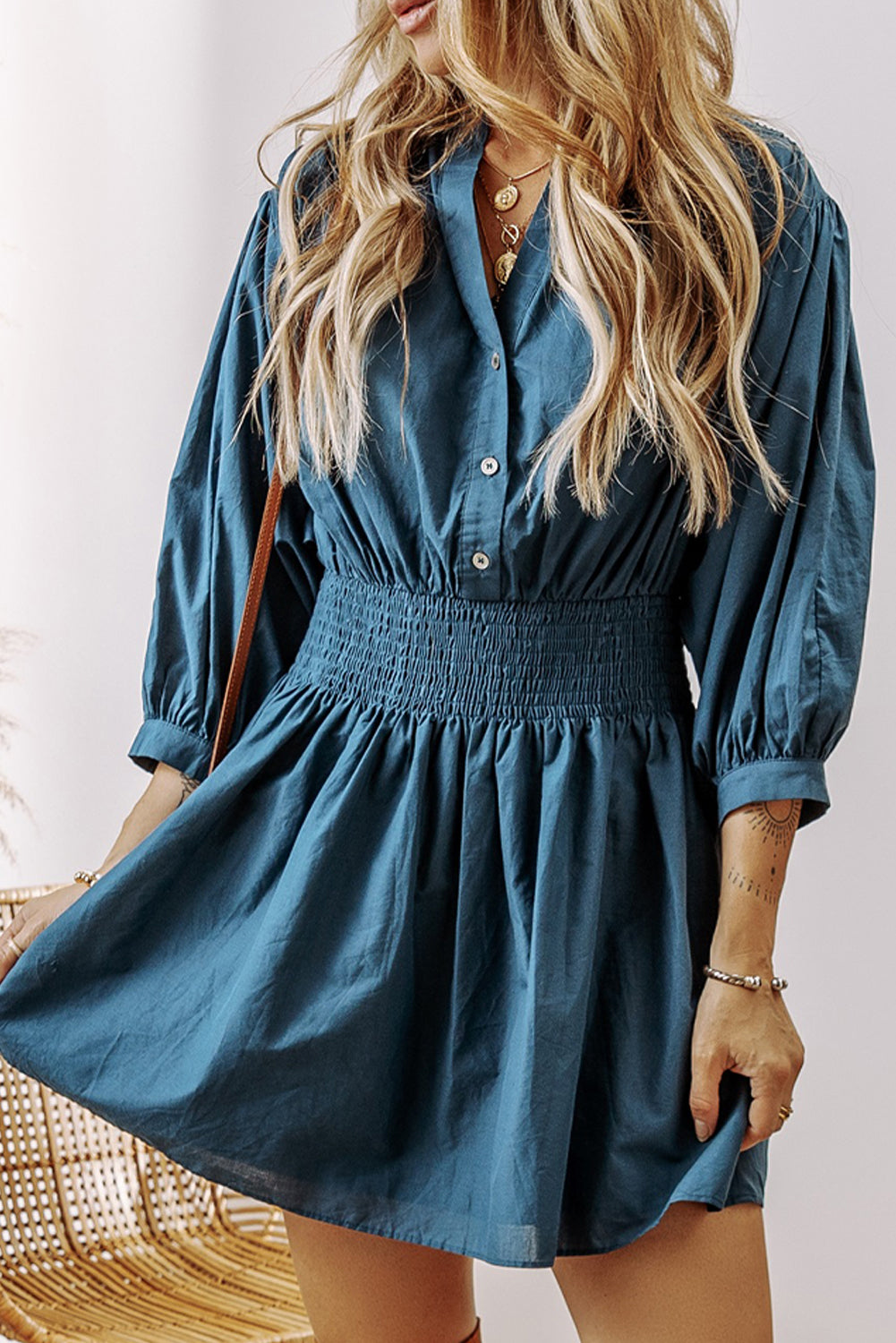 Prussian Blue 3/4 Sleeve Shirred High Waist Buttoned Mini Dress for Women