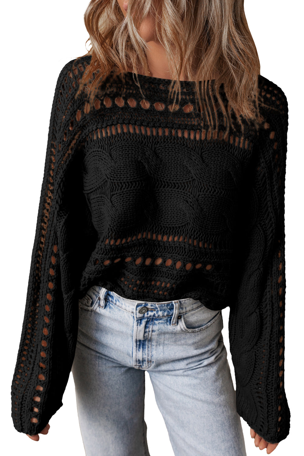 Black Hollow-out Cable Knit Cropped Sweater Top for Women