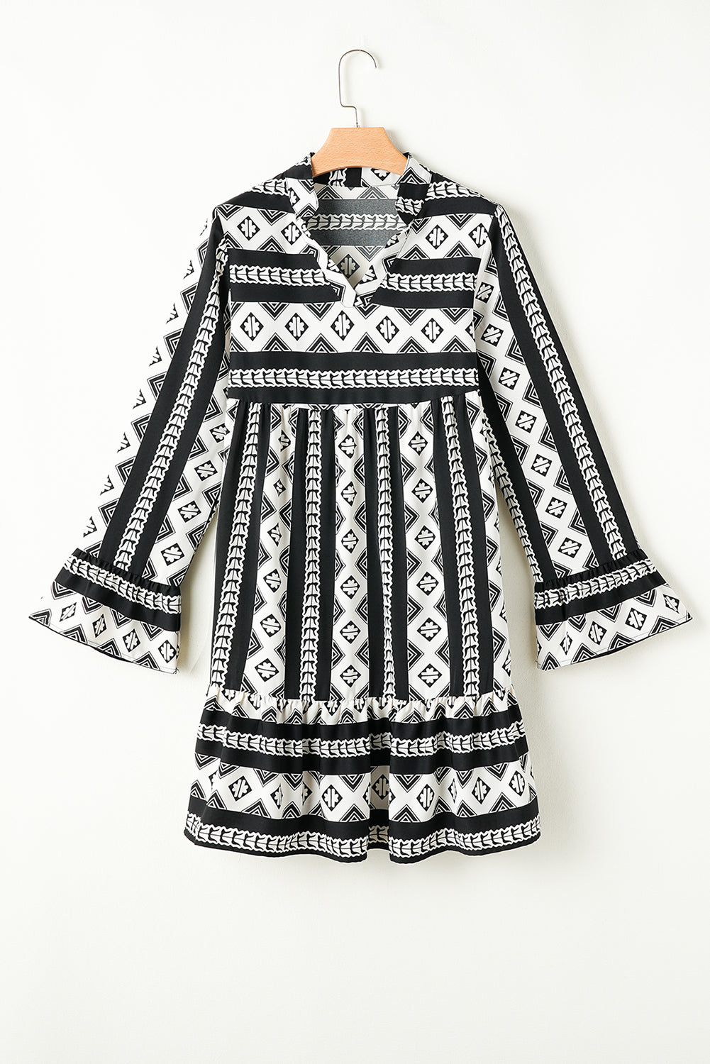 Black Boho Geometric Printed Flared Long Sleeve Mini Dress for Women