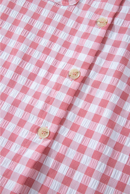 Pink Gingham Print Chest Pockets Buttoned Collared Shirt Top of Women