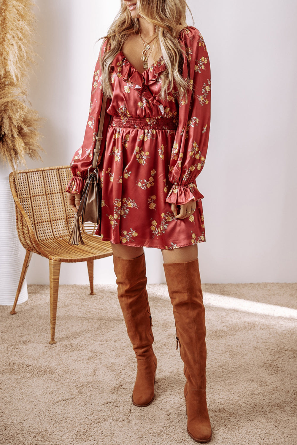 Red Clay Floral Print Shirred Waist Ruffled Trim V Neck Mini Dress