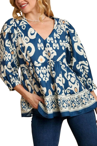 Blue Tribal Geometric Print 3/4 Sleeve Flowy Fit Blouse Top of Women