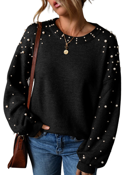 Black Pearled Drop Shoulder Round Neck Sweater