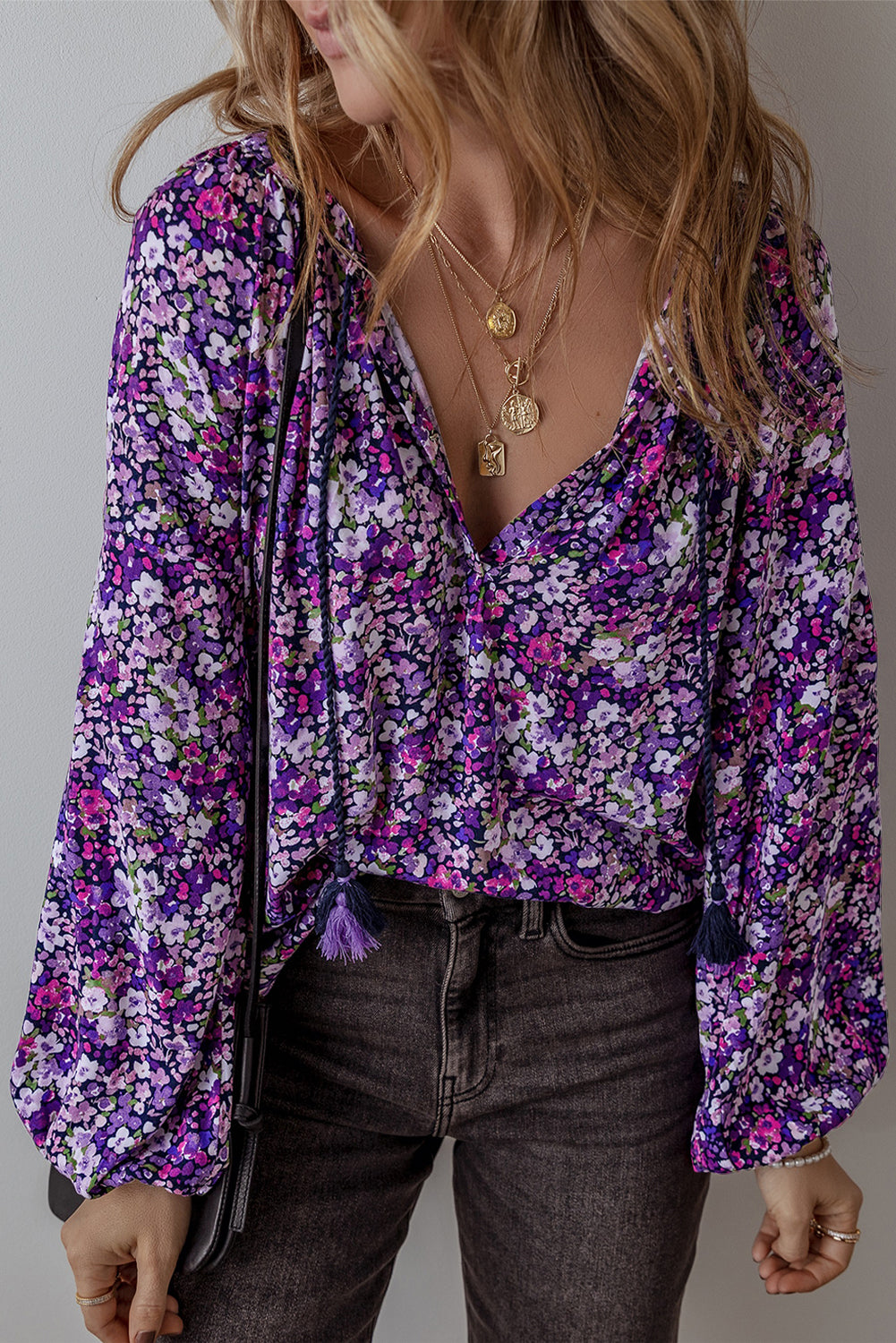 Purple Boho Flower Split V Neck Bubble Sleeve Blouse Top for Women