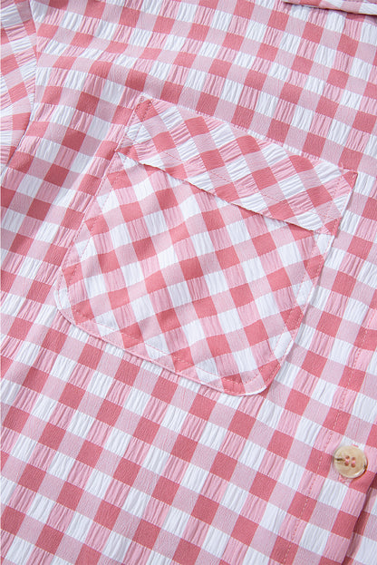 Pink Gingham Print Chest Pockets Buttoned Collared Shirt Top of Women