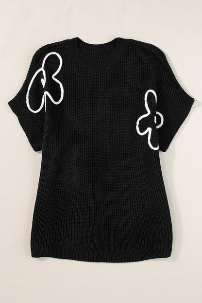 Black Flower Embroidery Sweater Tee Top for Women