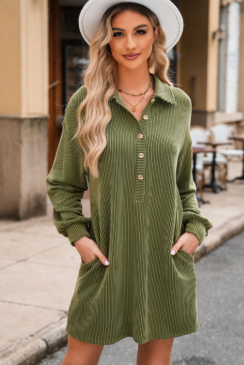 Moss Green Corded Buttons Placket Drop Shoulder Collared Shift Dress for Women