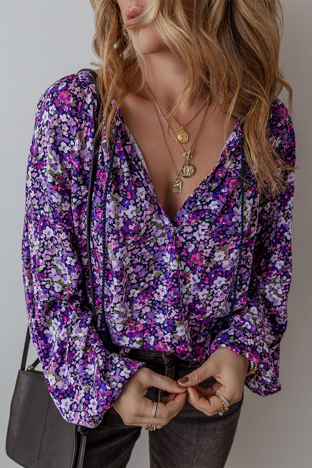 Purple Boho Flower Split V Neck Bubble Sleeve Blouse Top for Women