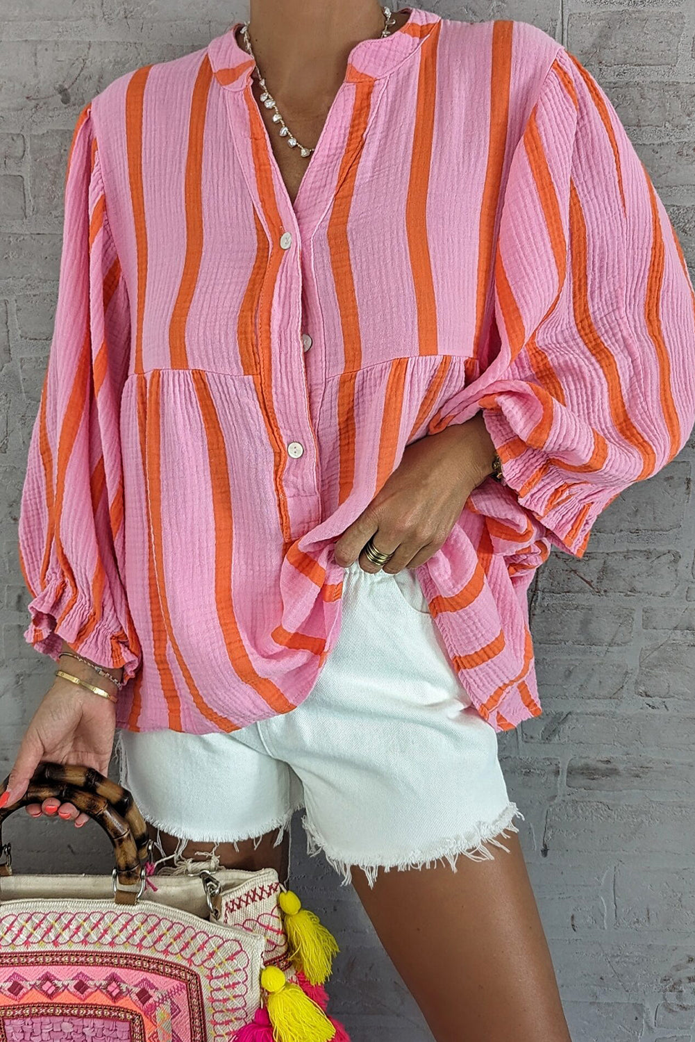 Orange Stripe Crinckled Ruffled Sleeve Button up Loose Shirt Top for Women