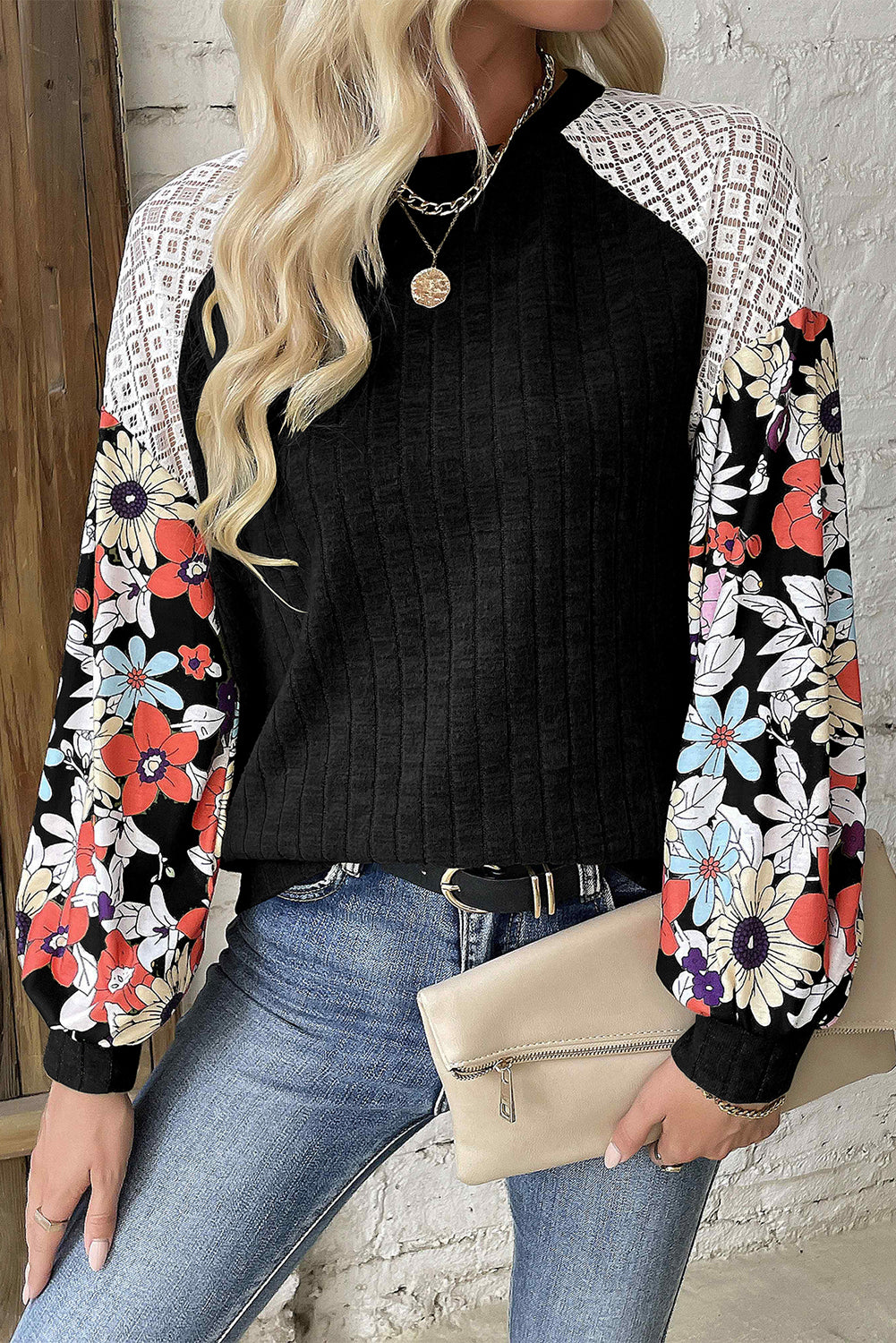 Black Floral Patchwork Long Sleeve Ribbed Blouse Top of Women