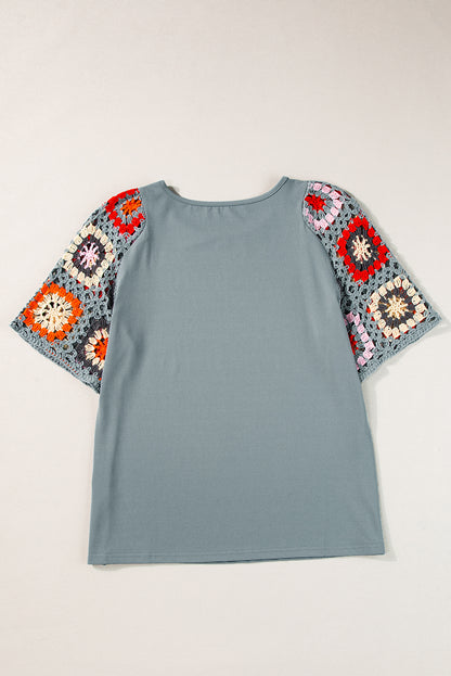 Medium Grey Floral Crochet Short Sleeve Top Tee T-shirt