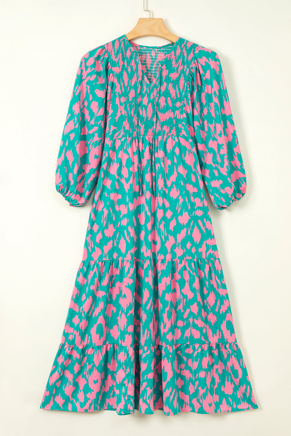 Sky Blue Abstract Print Puff Sleeve Tied Notched Neck Long Dress