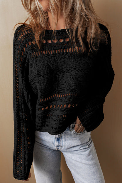 Black Hollow-out Cable Knit Cropped Sweater Top for Women