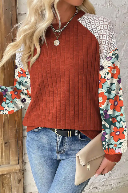 Black Floral Patchwork Long Sleeve Ribbed Blouse Top of Women