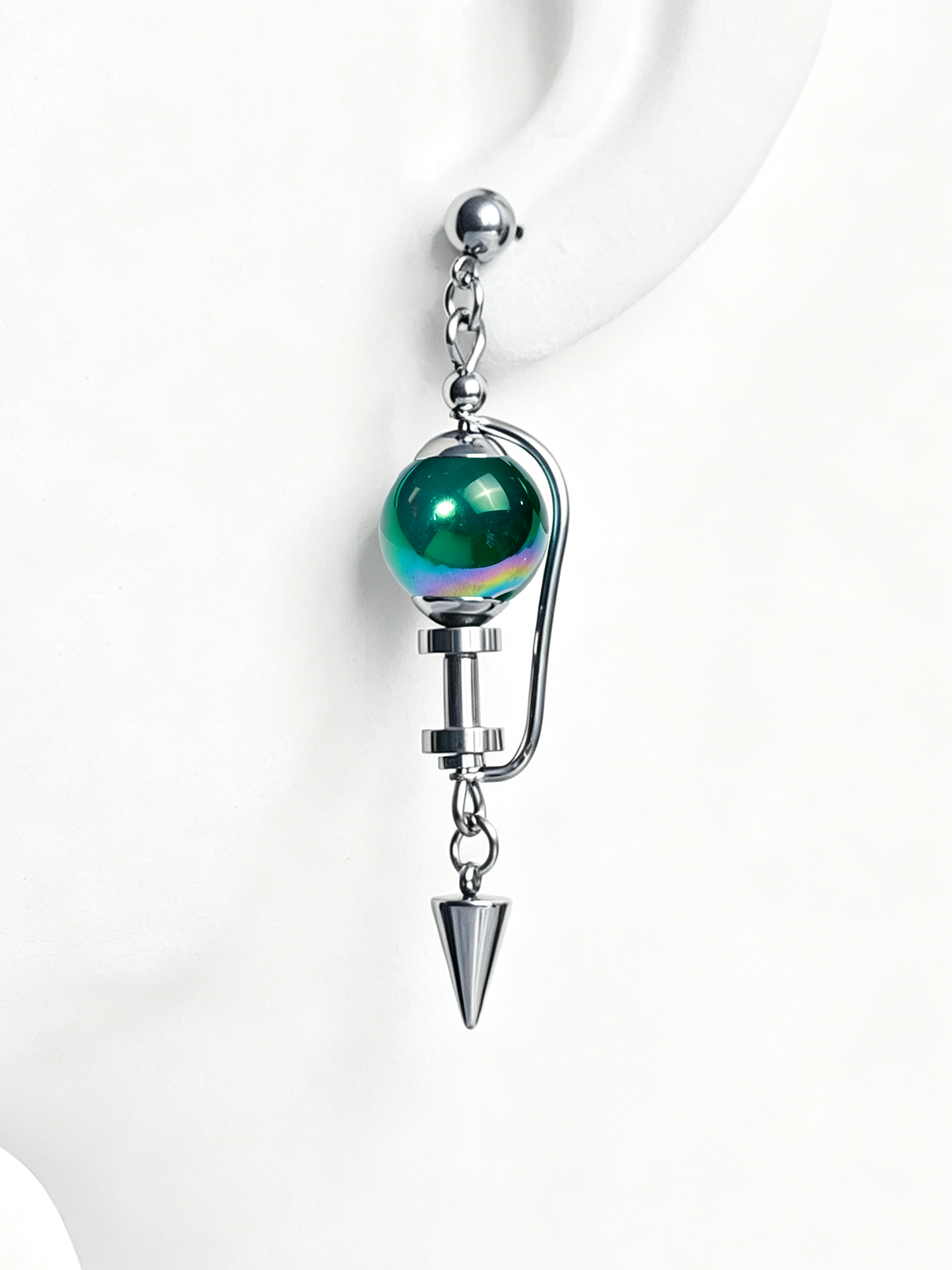 Handmade Stainless Steel Dangle Earring, Iridescent Green UV Bead Spike Drop Punk Earring Jewelry for Man