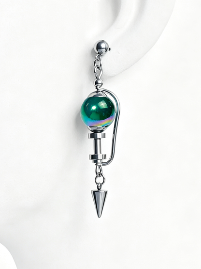 Handmade Stainless Steel Dangle Earring, Iridescent Green UV Bead Spike Drop Punk Earring Jewelry for Man
