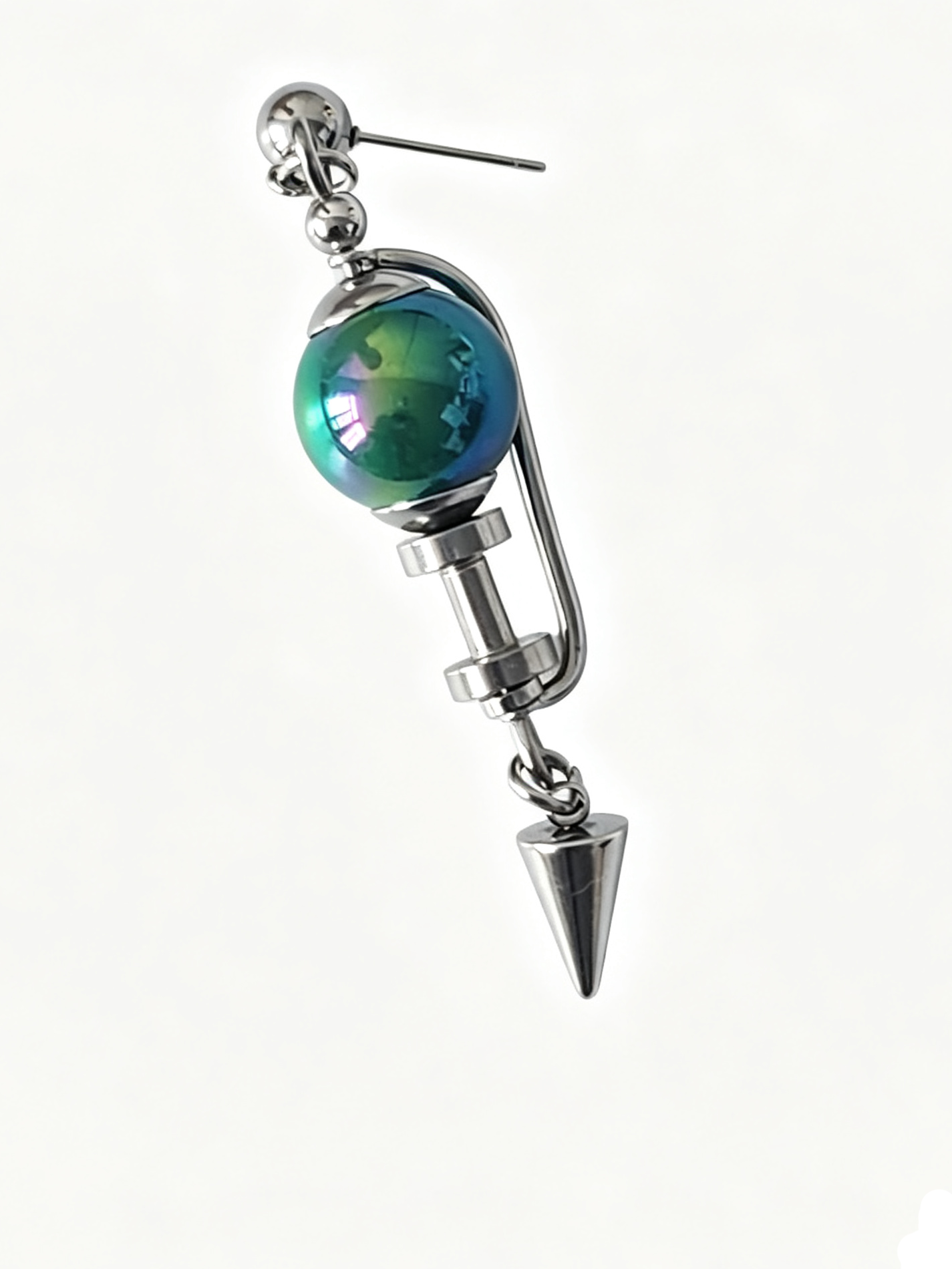 Handmade Stainless Steel Dangle Earring, Iridescent Green UV Bead Spike Drop Punk Earring Jewelry for Man