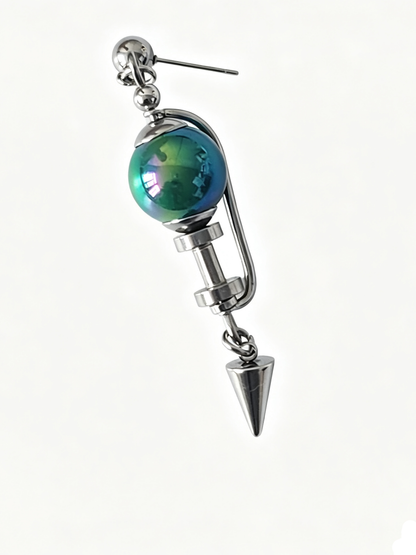 Handmade Stainless Steel Dangle Earring, Iridescent Green UV Bead Spike Drop Punk Earring Jewelry for Man