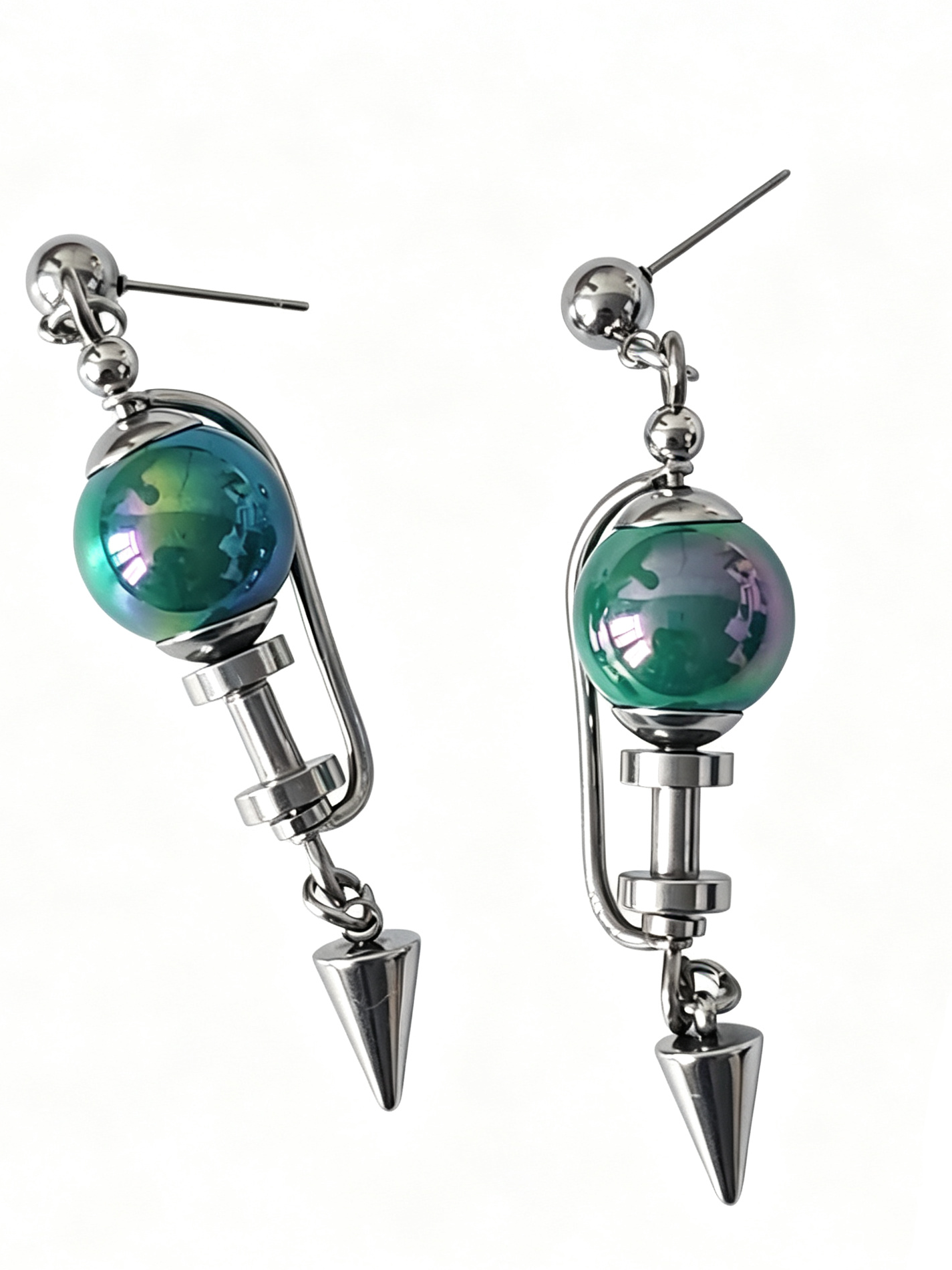 Handmade Stainless Steel Dangle Earring, Iridescent Green UV Bead Spike Drop Punk Earring Jewelry for Man