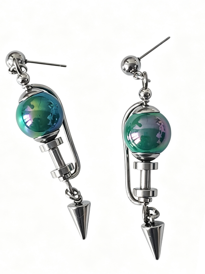 Handmade Stainless Steel Dangle Earring, Iridescent Green UV Bead Spike Drop Punk Earring Jewelry for Man