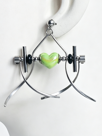 Punk Handmade Stainless Steel Earring, Green Heart UV Bead Gothic Dangle Drop Earring Jewelry for Man