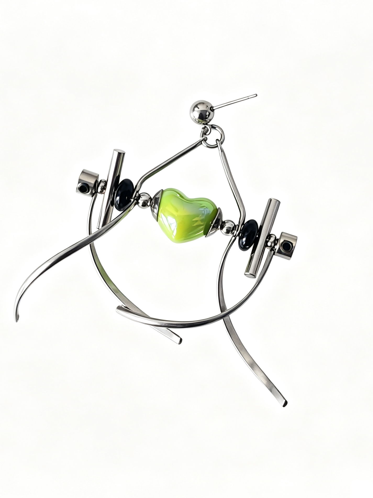 Punk Handmade Stainless Steel Earring, Green Heart UV Bead Gothic Dangle Drop Earring Jewelry for Man