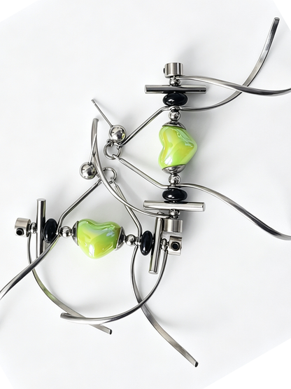 Punk Handmade Stainless Steel Earring, Green Heart UV Bead Gothic Dangle Drop Earring Jewelry for Man