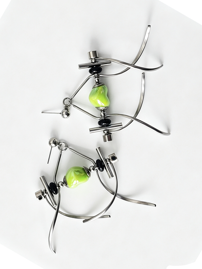 Punk Handmade Stainless Steel Earring, Green Heart UV Bead Gothic Dangle Drop Earring Jewelry for Man